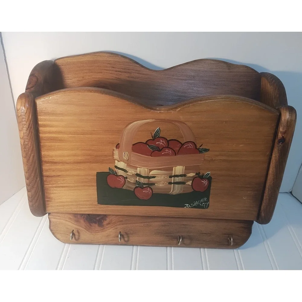 Vintage Wood Apple 2 Slot Wall Mail Bill Sorter Hanging Key Rack Cottage Rustic
